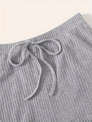Solid Ribbed Lounge Set V Neck Top & Elastic Waistband Pants