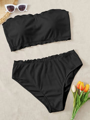 Bikini Set Solid Wave Trim Tube Bra & Panty Swimsuit 2 Piece Set