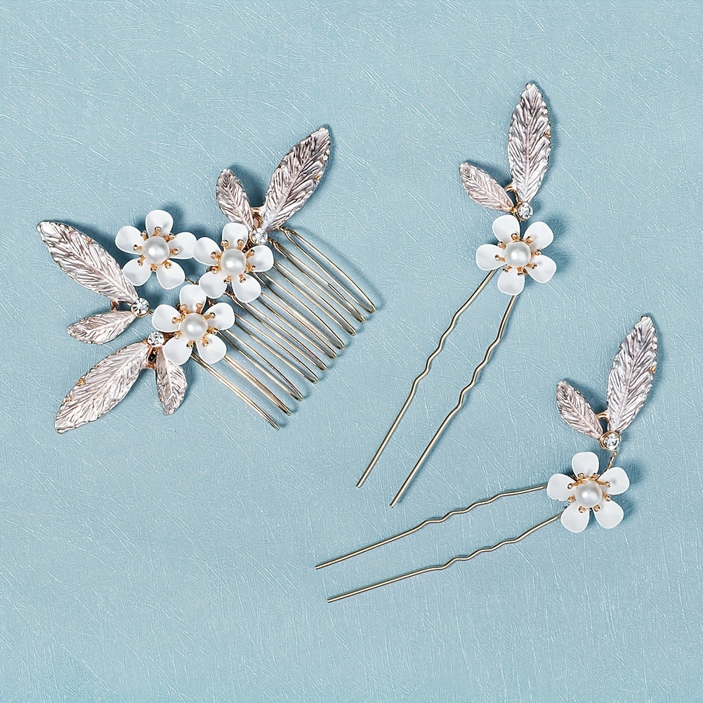 3pcs Flower & Pearl Hair Comb Wedding Headwear Hair Accessory