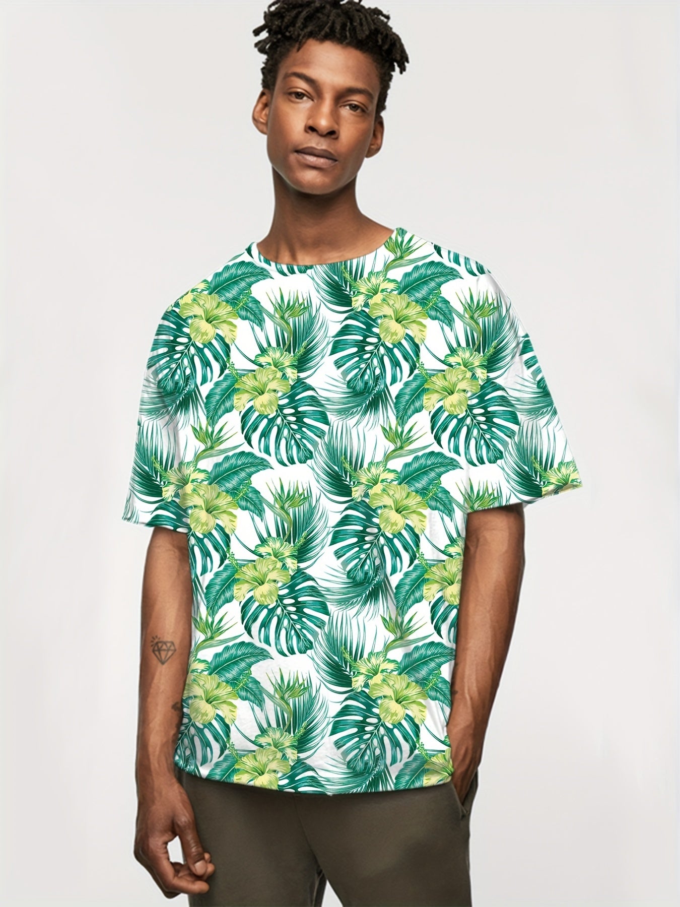 Hawaiian Tropical Leaf Print Tshirt Men's Top Short Sleeve