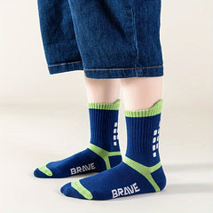 5 Pairs Boy's Striped Crew Socks Cotton Blend Comfy Casual Unisex Socks