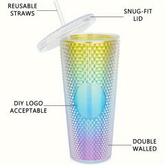 650ml Double Wall Plastic Coffee Cup with Straw Tumbler Mug Rivet Design