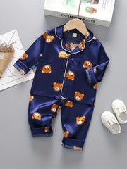 Boys 2pc Bear Print Pajamas Set Long Sleeve Top & Pants Kids Lounge Wear
