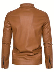 Men's PU Zip Up Stand Collar Faux Leather Jacket
