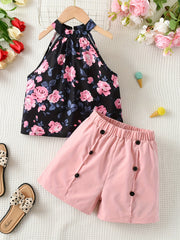 2pcs Girls Floral Halter Top & Button Shorts Set Summer Clothes