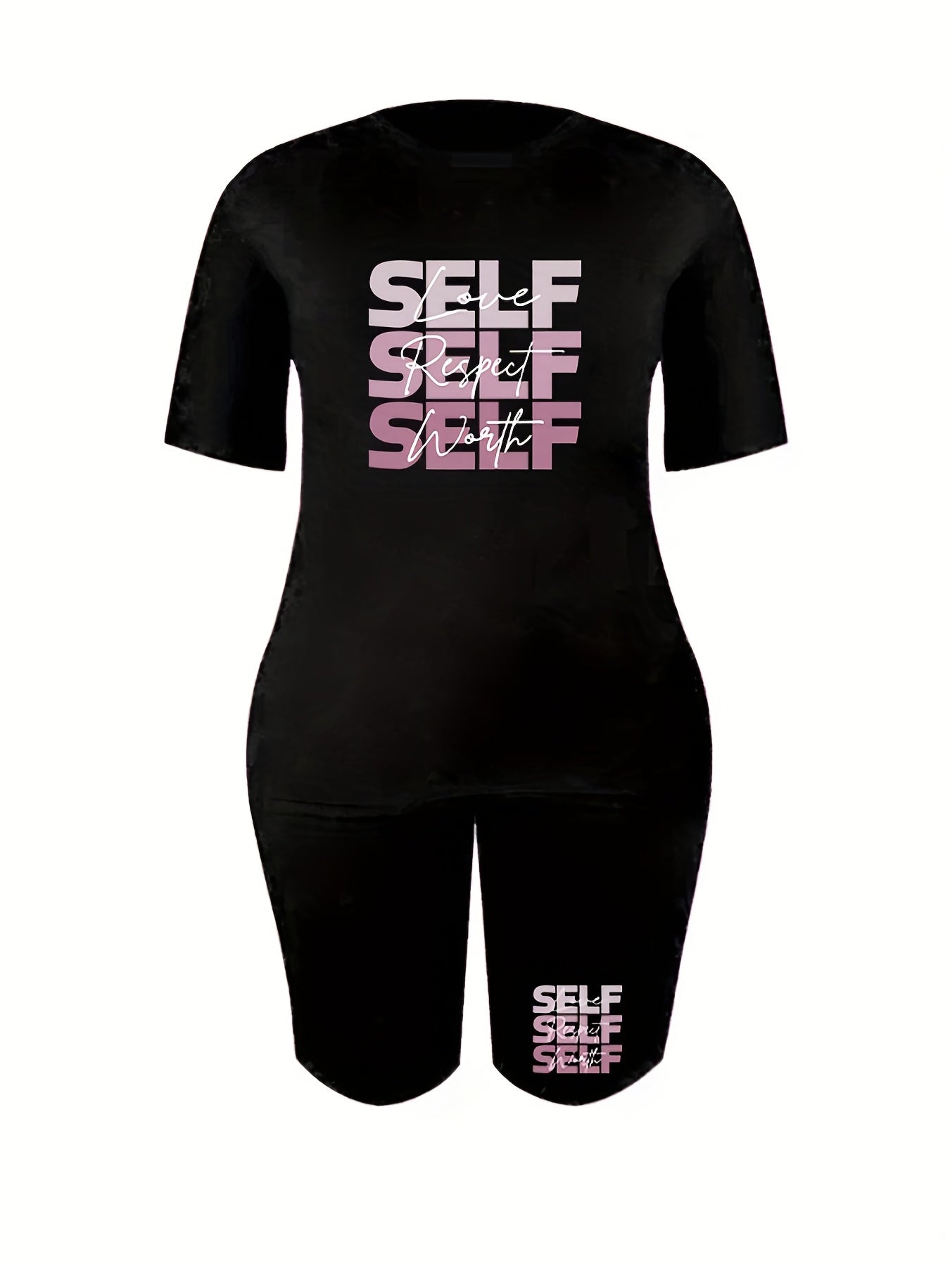 2 Piece Set Women's Plus Letter Print Tee & Shorts Outfits