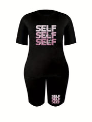 2 Piece Set Women's Plus Letter Print Tee & Shorts Outfits