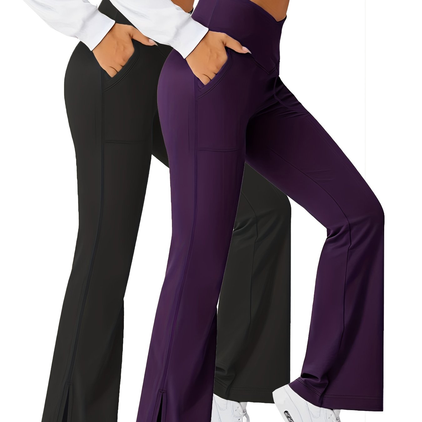 2 Pack Women's Plus Size Sports Pants Set Solid Wrap Wide Waistband Flared
