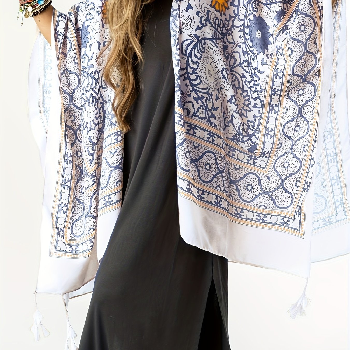 Floral Print Bat Sleeve Tassel Cover Up Cardigan