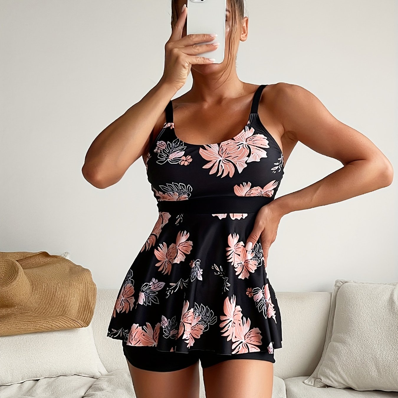 Floral Print Scoop Neck Tankini Set Pink 2 Piece Swimsuit