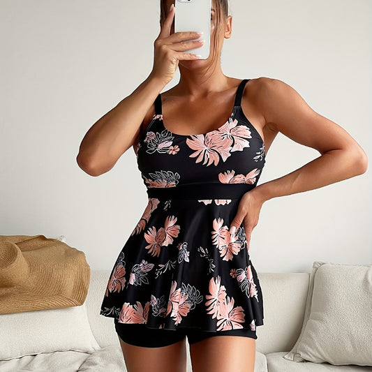 Floral Print Scoop Neck Tankini Set Pink 2 Piece Swimsuit