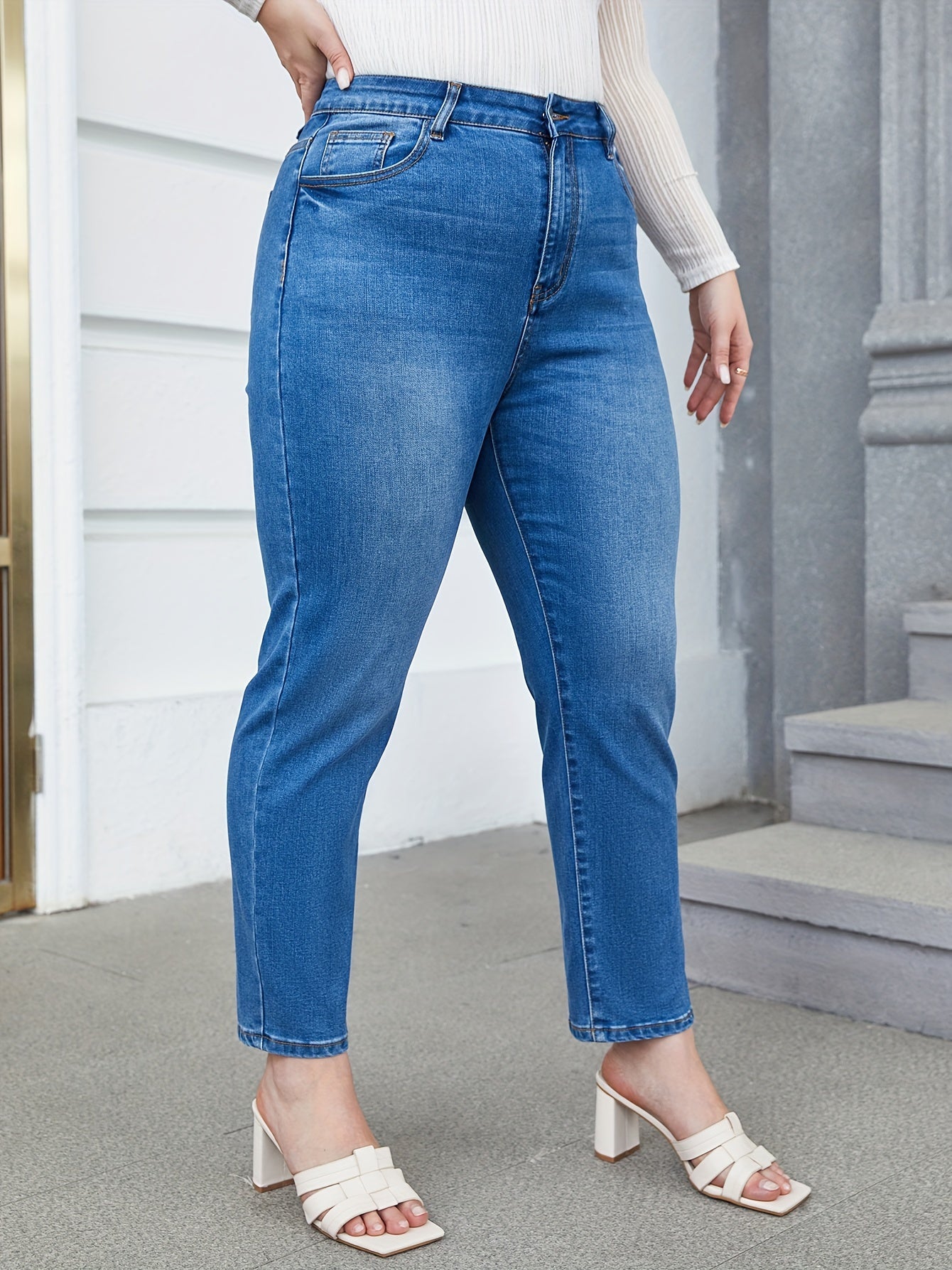 Button Fly High Stretch Straight Leg Jeans