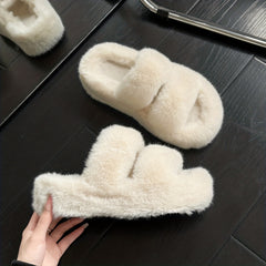 Women's Solid Faux Fur Slippers Plush Platform Shoes