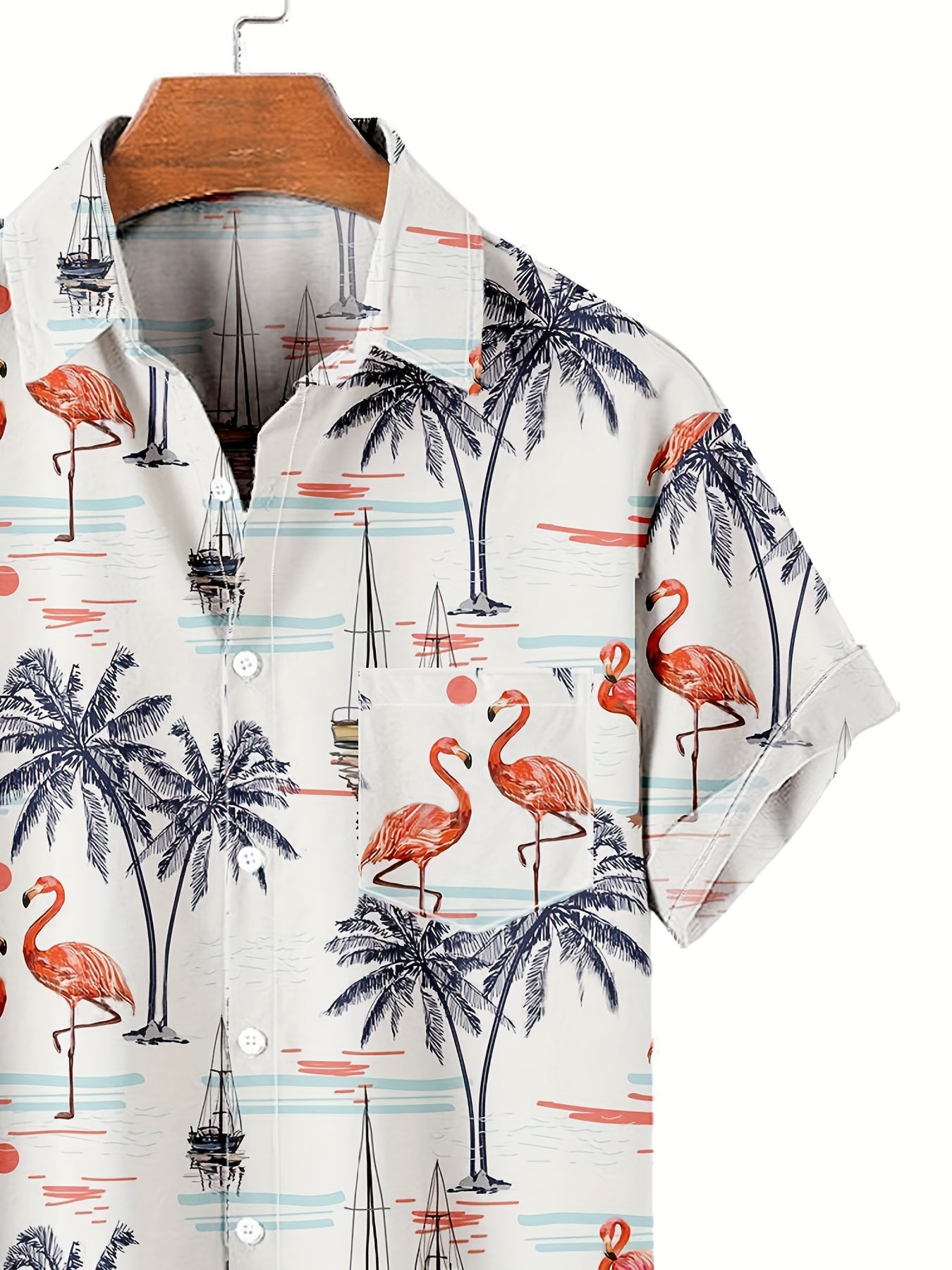 Hawaiian Coconut Tree & Flamingo Print Men's Casual Short Sleeve Shirt