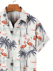 Hawaiian Coconut Tree & Flamingo Print Men's Casual Short Sleeve Shirt