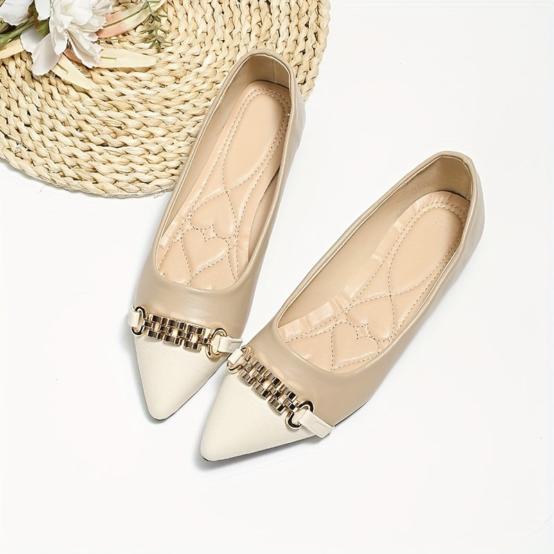 Chain Decor Flat Shoes Point Toe Slip On Lightweight Ballet Shoes