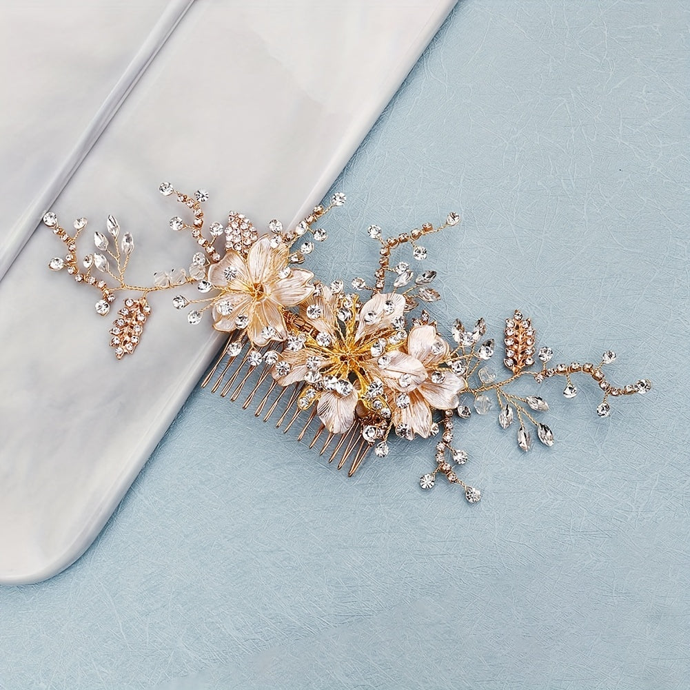 Flower & Rhinestone Hair Comb Bridal Wedding Headwear Hair Accessory