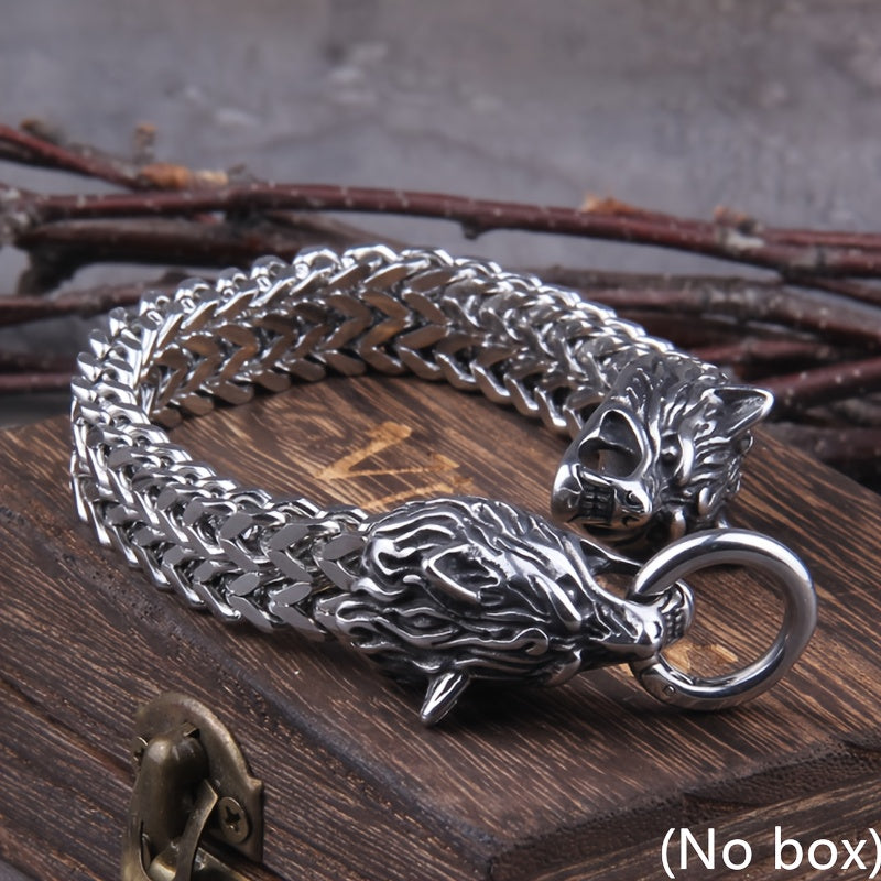 Viking Wolf Charm Bracelet Silvery Mesh Chain Men's Biker Jewelry