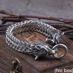 Viking Wolf Charm Bracelet Silvery Mesh Chain Men's Biker Jewelry