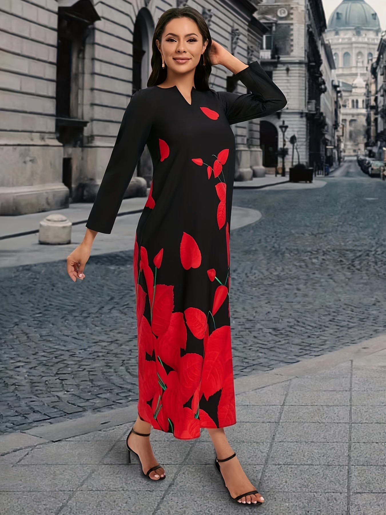 Plant Print V Neck Dress Long Sleeve Maxi Dress Women's Clothing