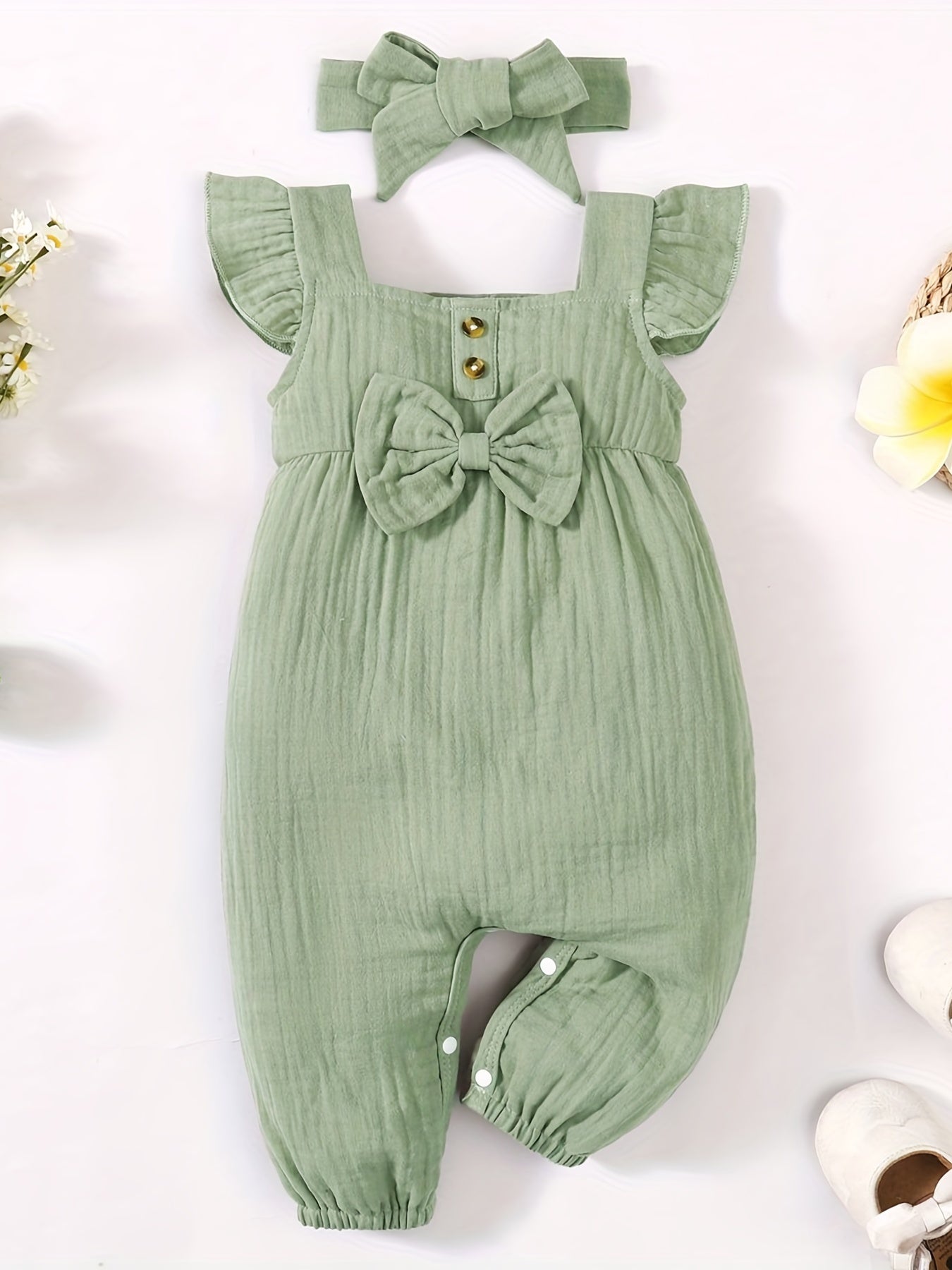 2pcs Baby Girls Ruffle Trim Romper & Headband Set