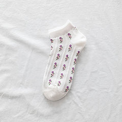 5 Pairs Floral Ankle Socks with Lace Trim Low Cut Stockin