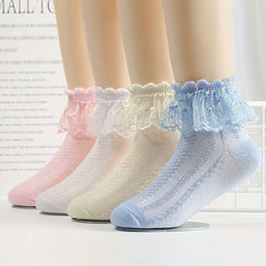 4 Pairs Girls Breathable Cotton Lace Crew Socks for Spring Summer