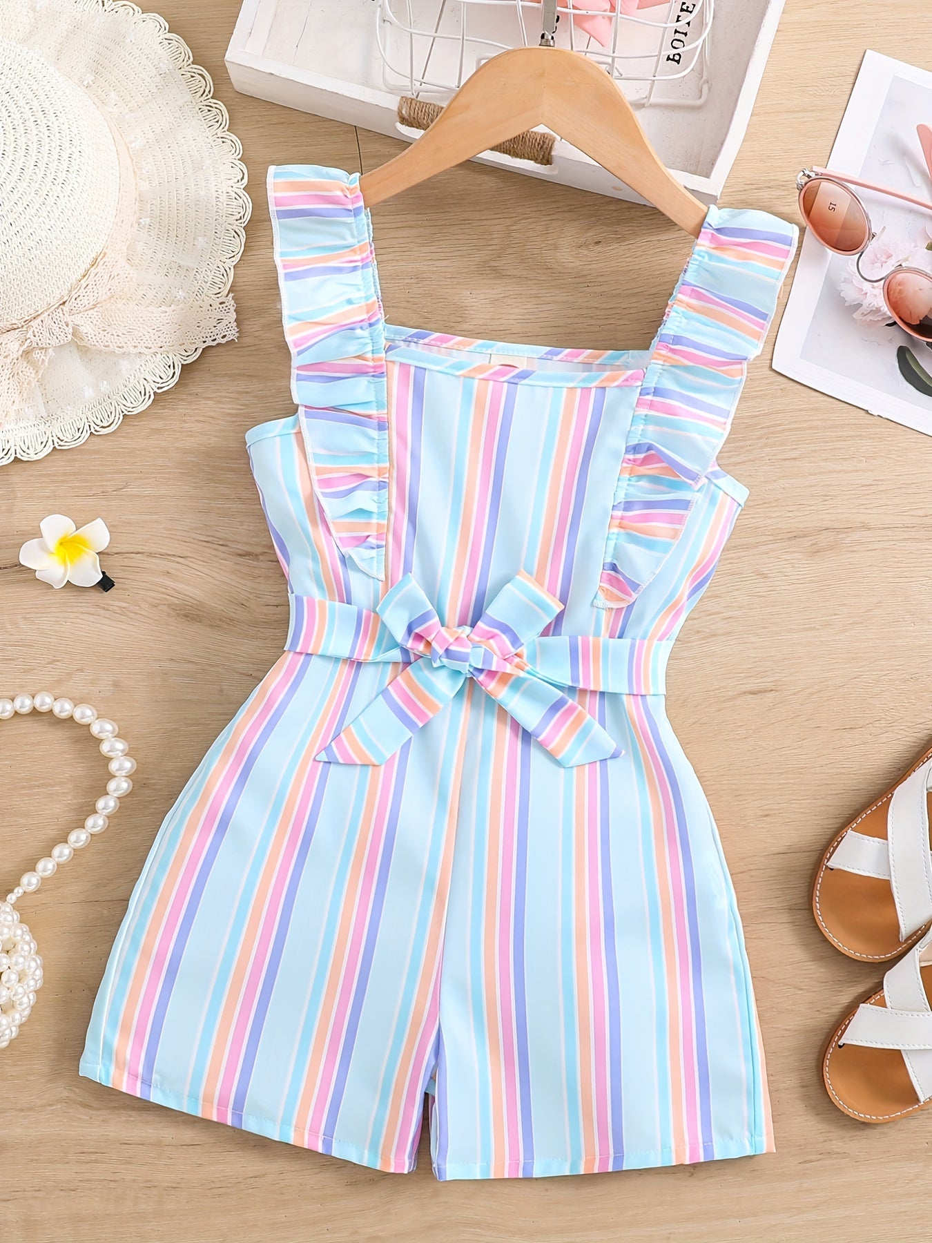 Girls Ruffle Trim Striped Romper with Belt, Summer Jumpsuit