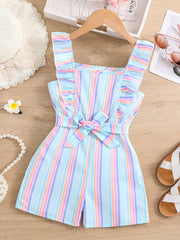 Girls Ruffle Trim Striped Romper with Belt, Summer Jumpsuit