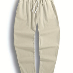 Men's Drawstring Linen Trousers, Casual Solid Cotton Pants