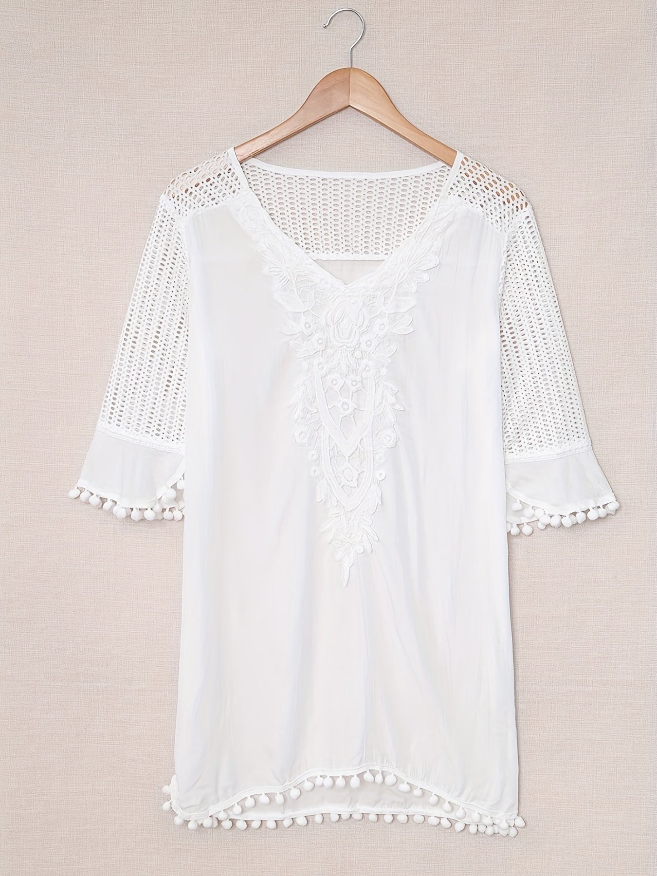 V Neck Kaftan Cover Up Dress Pom Pom Decor Contrast Mesh Half Sleeves