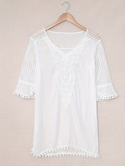 V Neck Kaftan Cover Up Dress Pom Pom Decor Contrast Mesh Half Sleeves