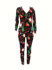 Christmas Print Lounge Jumpsuit Long Sleeve V Neck Buttons Jumpsuit