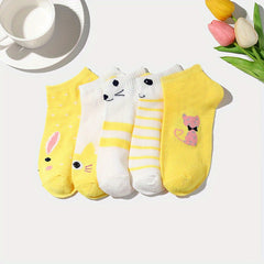 5 Pairs Women's Pink Kitty Crew Socks