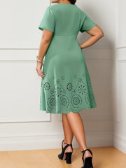 Laser Cut Short Sleeve V Neck Dress