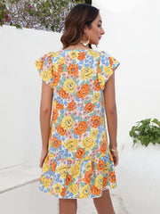 Vintage Floral Print Dress Ruffle Trim V Neck Dress
