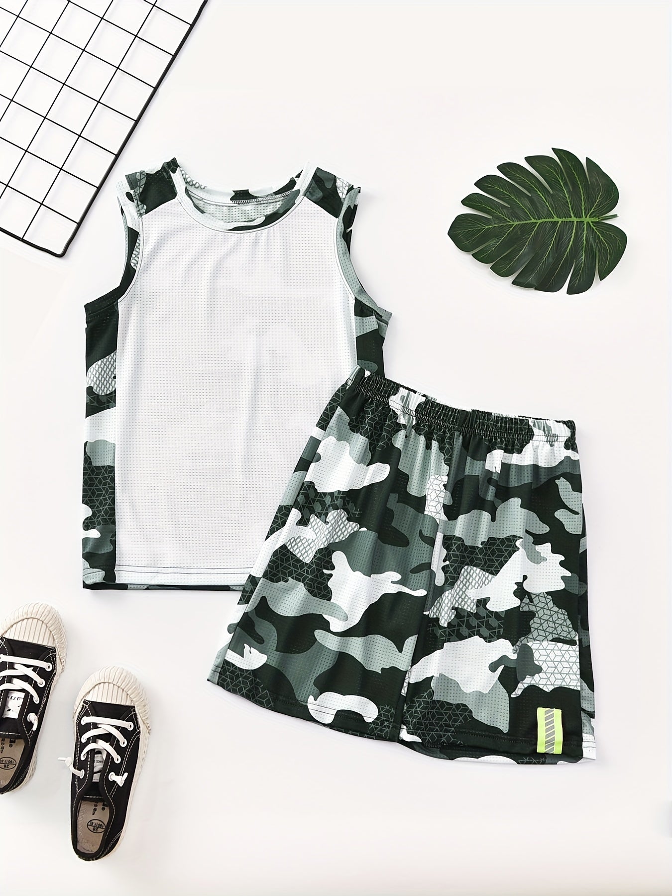 Boys Summer Mesh Outfit Camo Shorts & Vest Kids 2pcs Suit