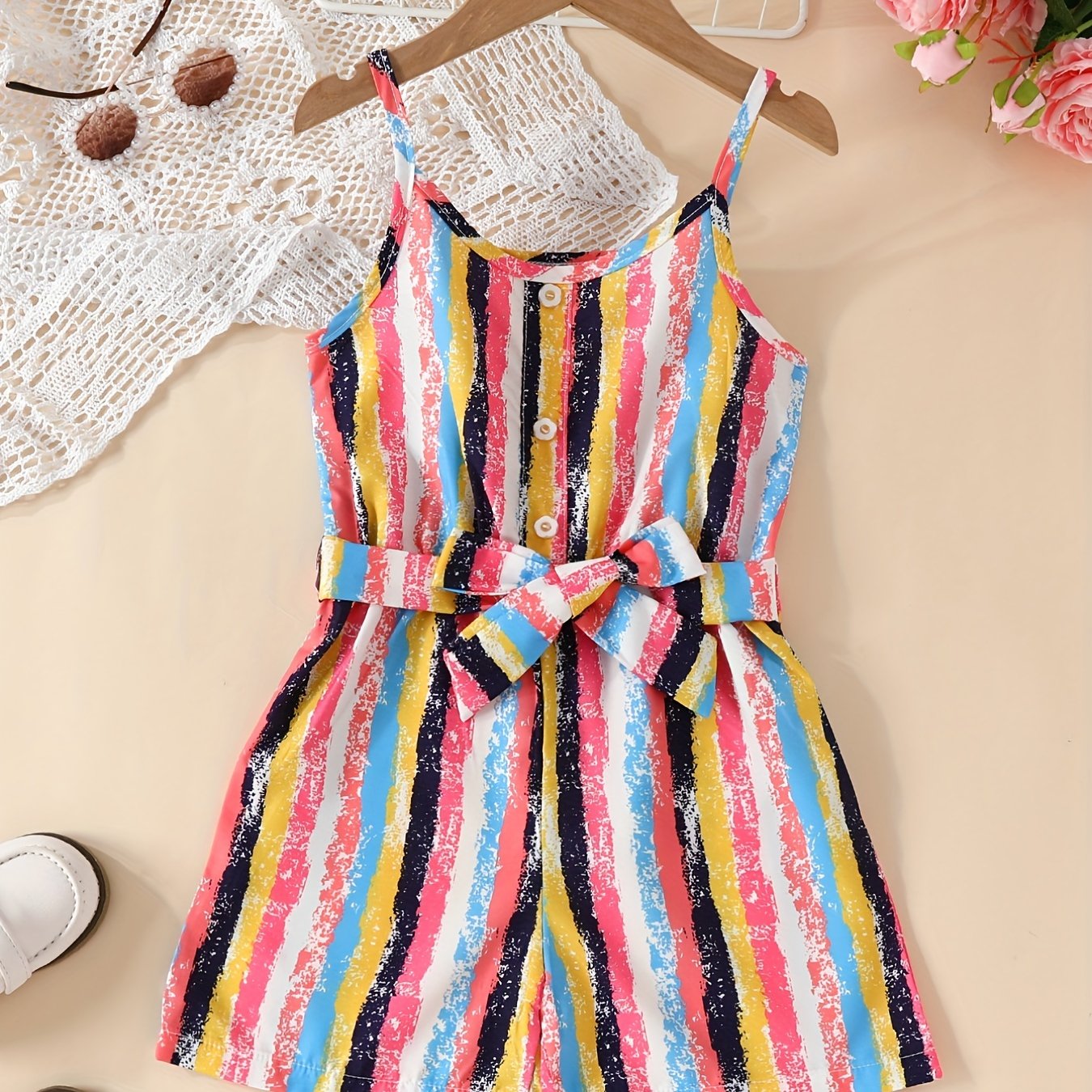 Toddler Girls Stripe Graphic Belted Cami Rompers Jumpsuits