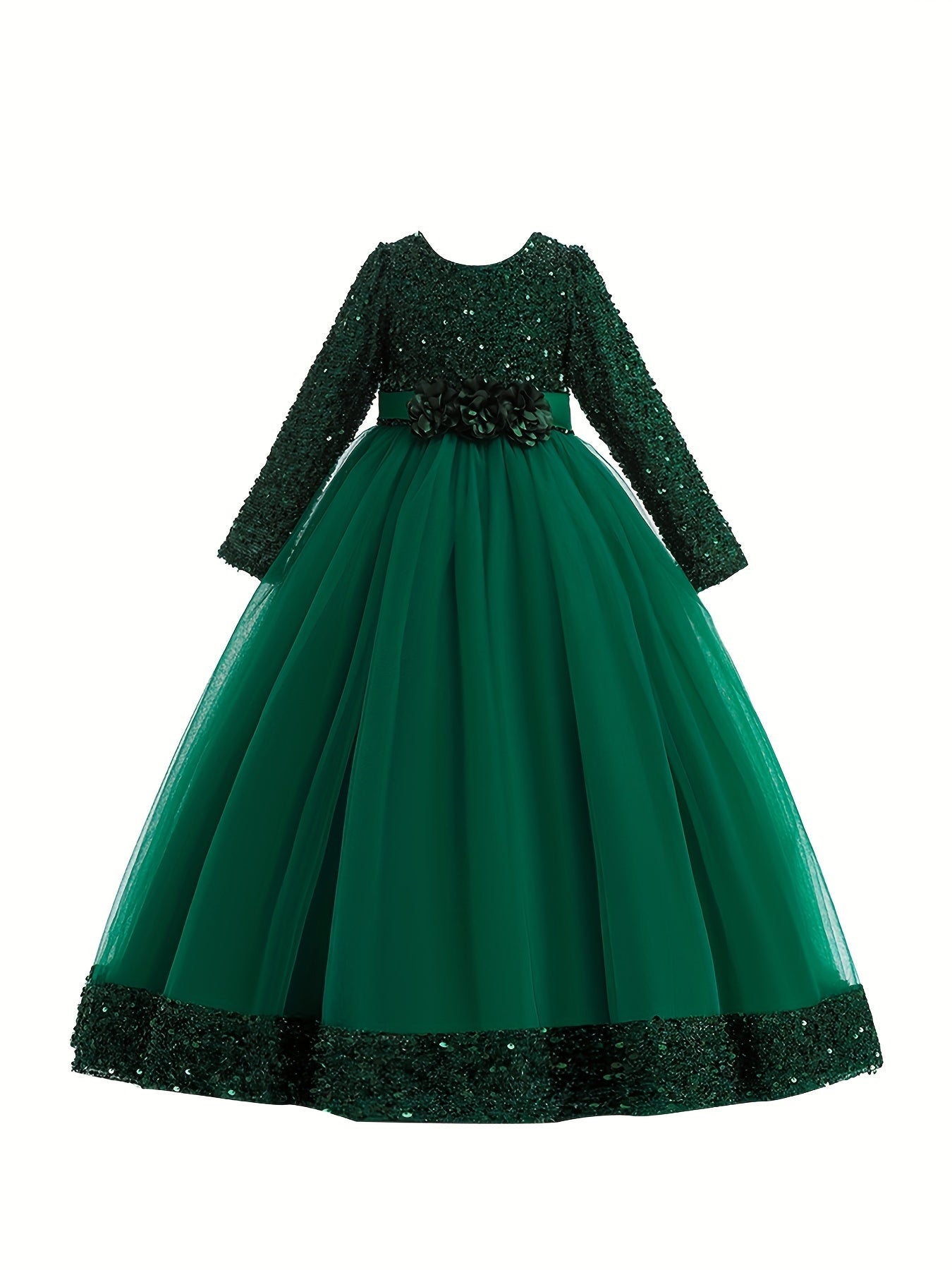 Girls' Sequin Evening Dress Long Sleeve Puff Skirt Tulle Party Ball Gown