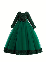 Girls' Sequin Evening Dress Long Sleeve Puff Skirt Tulle Party Ball Gown