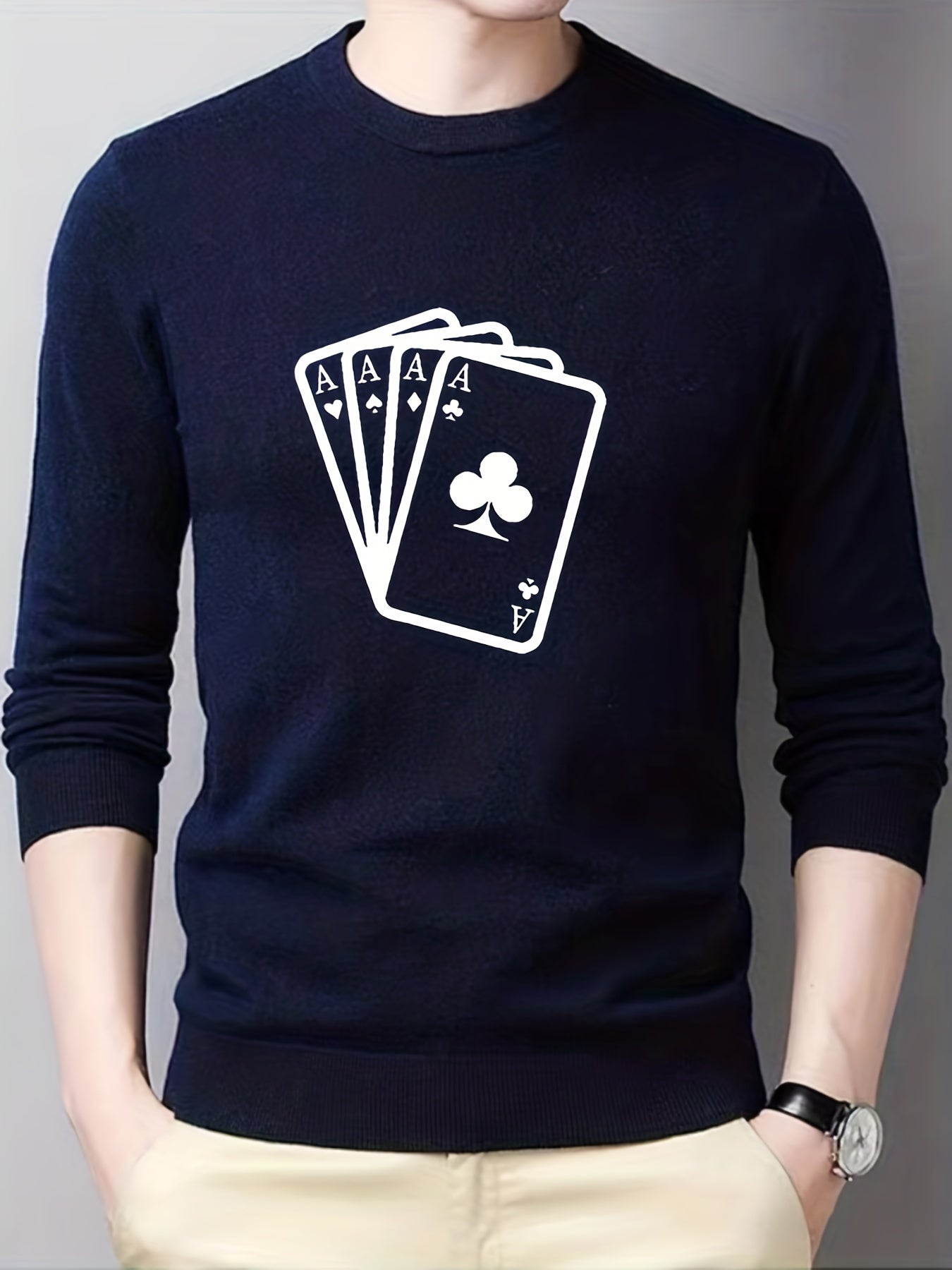 Poker Cards Print Crew Neck Pullover Sweater for Men