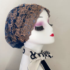 Vintage Lace Flower Embroidery Turban Cap Double Layer Hijab Boho Head Scarf