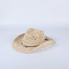 Khaki Straw Cowboy Hat Beads Chain Summer Travel Sun Hat