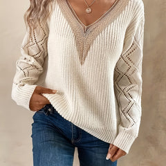 Casual Knit Top Women's Plus Solid Pointelle Applique V Neck