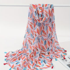 Colorful Leaf Print Scarf Tassel Shawl Women Windproof Warm Head Wrap