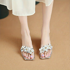 Women's Square Open Toe Rhinestone Flower Chunky Heels Sandals