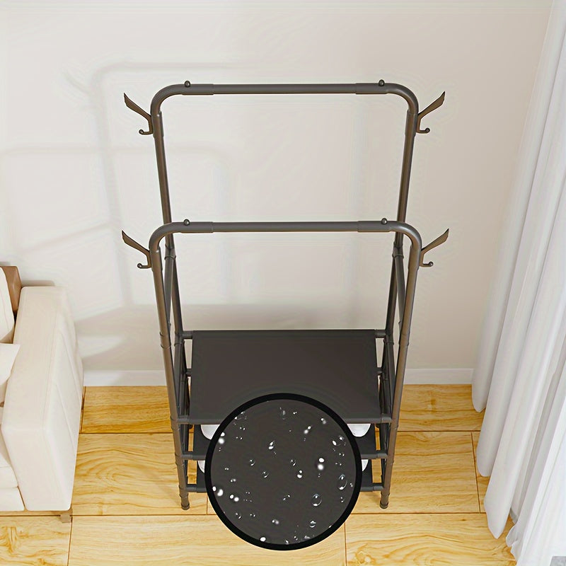 Double Rod Clothes Drying Rack With Hooks Standing Garment Clothes Rack