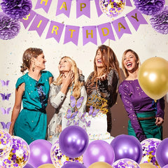 Purple Birthday Decorations Butterfly Garland Balloons Flowers Cake Toppers