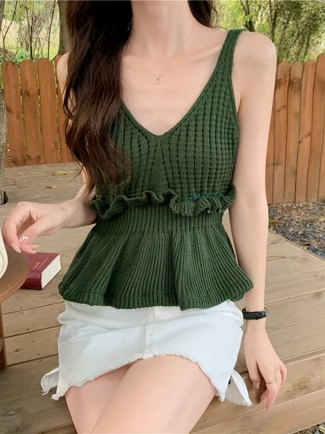 Ruffle Trim Tank Top Sleeveless Solid Summer Sexy Top
