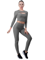 2pc Honeycomb Long Sleeve Yoga Set & High Waist Gym Leggings